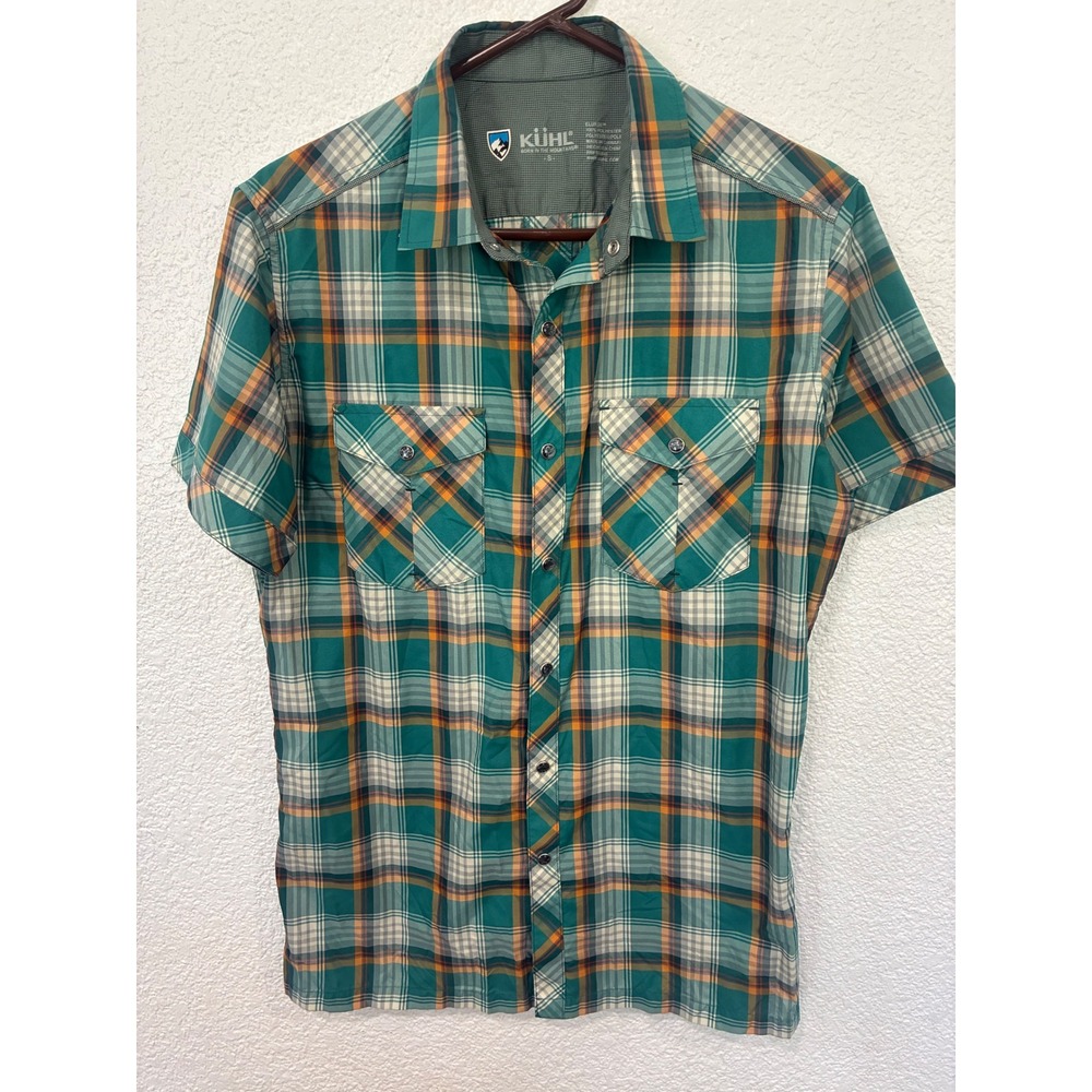Kuhl Eluxor Mens Small Green Plaid Short Sleeve Button Down Hiking Shirt